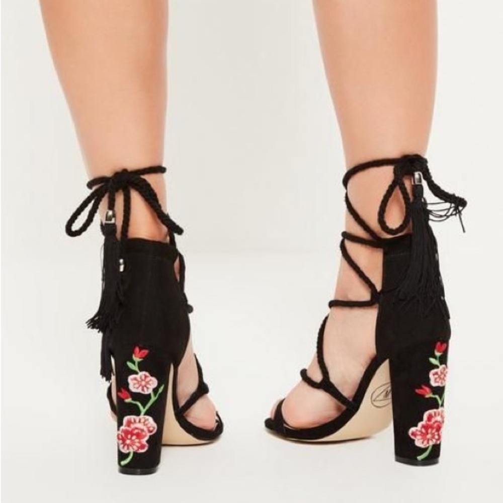 Missguided Black Embroidered Lace Up Block Heels